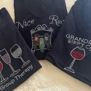 3 three ! 
Graphic Bejeweled Wine Themed Black T-Shirts (3)